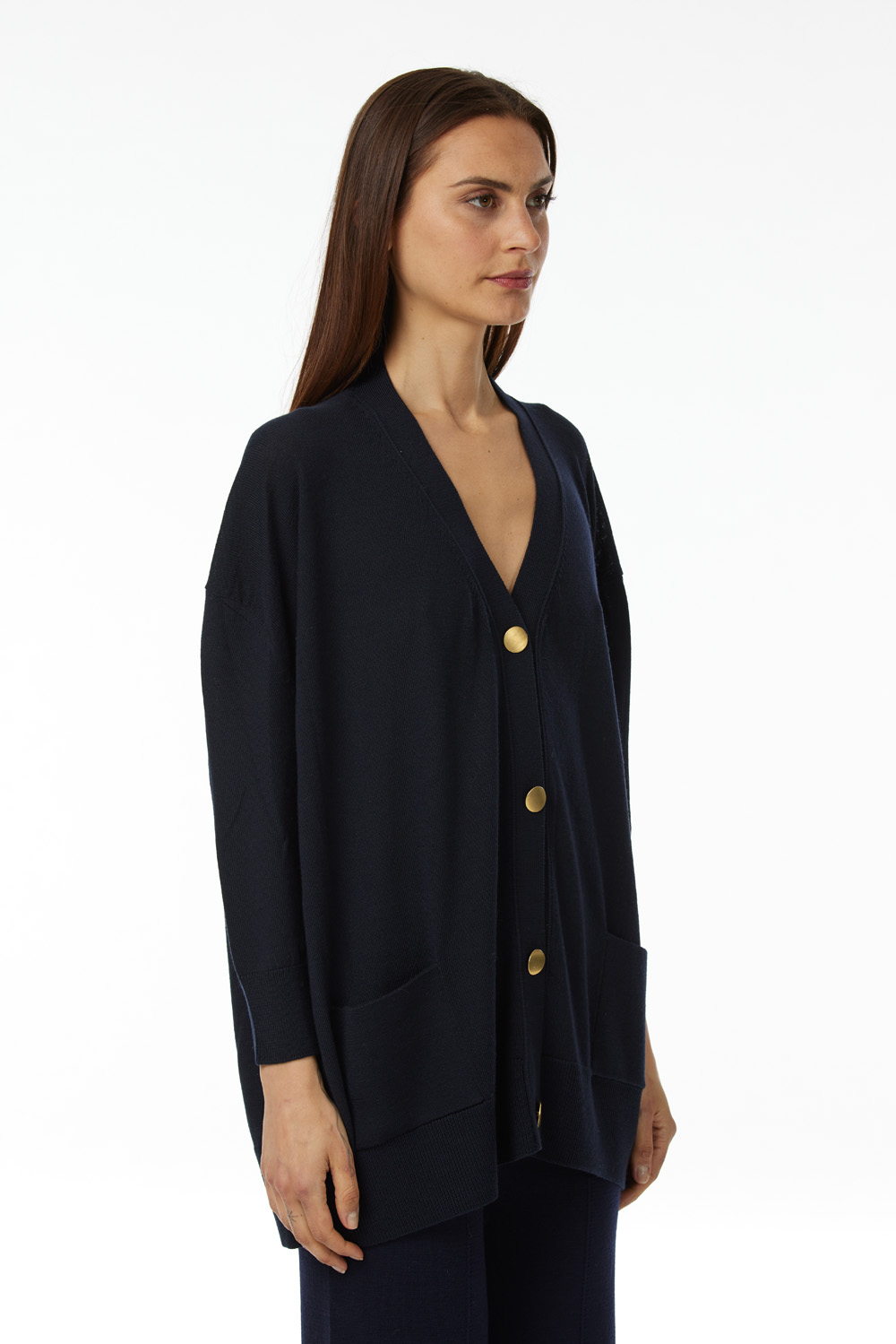 V neck cardigan in 100% Extrafine Merino, long dropped sleeves