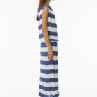 Pleated shiny viscose dress with elastic band at waist, dropped sleeve boat neck. Length at ankle.