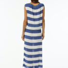 Pleated shiny viscose dress with elastic band at waist, dropped sleeve boat neck. Length at ankle.