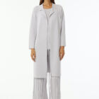 Lurex trench double knit with reverse neck and belt.