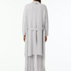 Lurex trench double knit with reverse neck and belt.