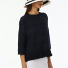 Crew neck sweater in 100% cotton, horizontal flat rib slim vestibility, cotton fringes at bottom.