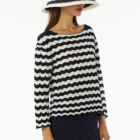 Boxy vestibility crew neck sweater in striped lace stitching with 7/8 sleeve.