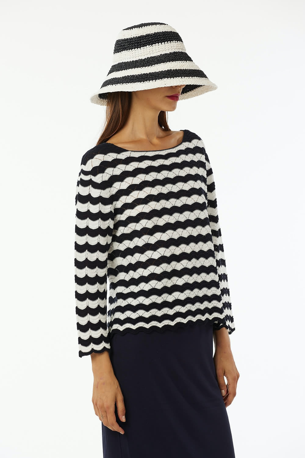 Boxy vestibility crew neck sweater in striped lace stitching with 7/8 sleeve.