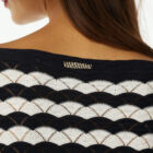 Boxy vestibility crew neck sweater in striped lace stitching with 7/8 sleeve.