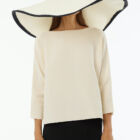 Boxy boat neck in horizontal ribs with 7/8 sleeves and criss cross ribbon at sides in contrasted color.