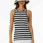 American neckline tank top in ribbed and striped stretch viscose. Quite fitted vestibility.