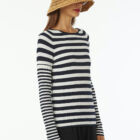 Crew neck ribbed sweater in viscose stretch, long sleeve saddle shoulder tight vestibility.