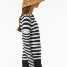 Crew neck ribbed sweater in viscose stretch, long sleeve saddle shoulder tight vestibility.