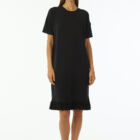 Crew neck dress in Stretch viscose jersey with short sleeves length at knee and 100% cotton fringes.