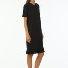 Crew neck dress in Stretch viscose jersey with short sleeves length at knee and 100% cotton fringes.