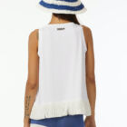 Crew neck tank top in stretch viscose jersey with 100% cotton fringes. Regular vestibility.